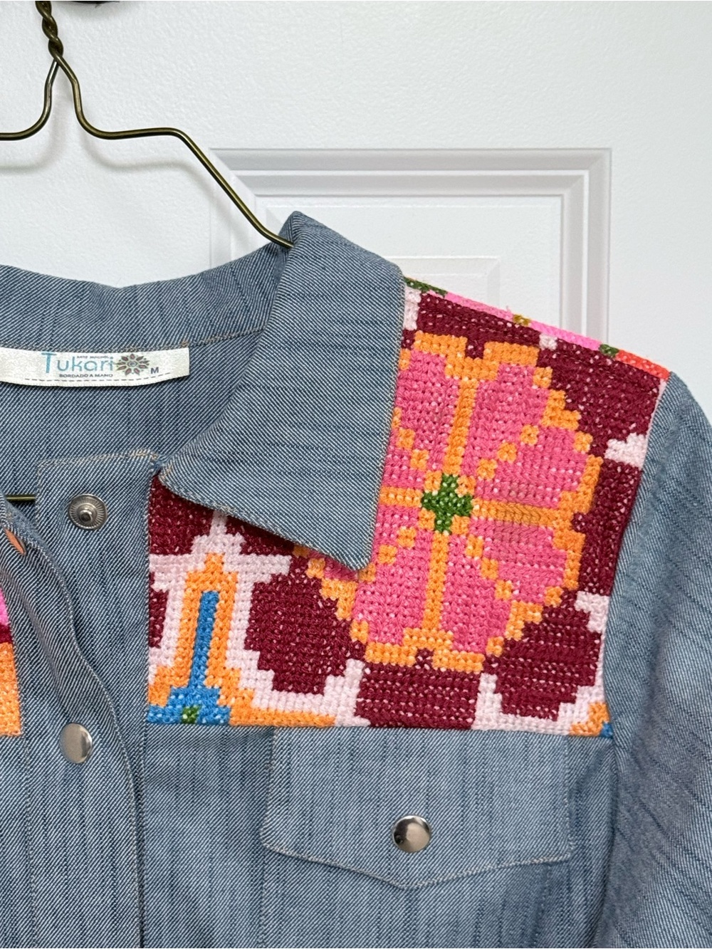 Tukari Embroidered Denim Shirt Jacket with Pink Floral Yoke